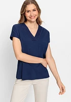 Olsen Women's 100% Cotton Short Sleeve T-Shirt with Embroidered Neckline