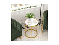 16 Inch Marble Top Round Side Table with Golden Metal Frame for Living Room Bedroom-Set of 2