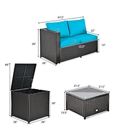 4PCS Outdoor Patio Rattan Furniture Set Cushion Loveseat Storage Table