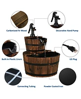 Slickblue 2-Tiers Outdoor Wooden Barrel Waterfall Fountain with Pump