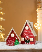 Glitzhome Christmas Lighted Wooden House Table Decor, Set of 2