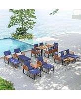 Slickblue 3 Pieces Patio Acacia Wood Conversation Set with Cushioned Armchairs-Navy