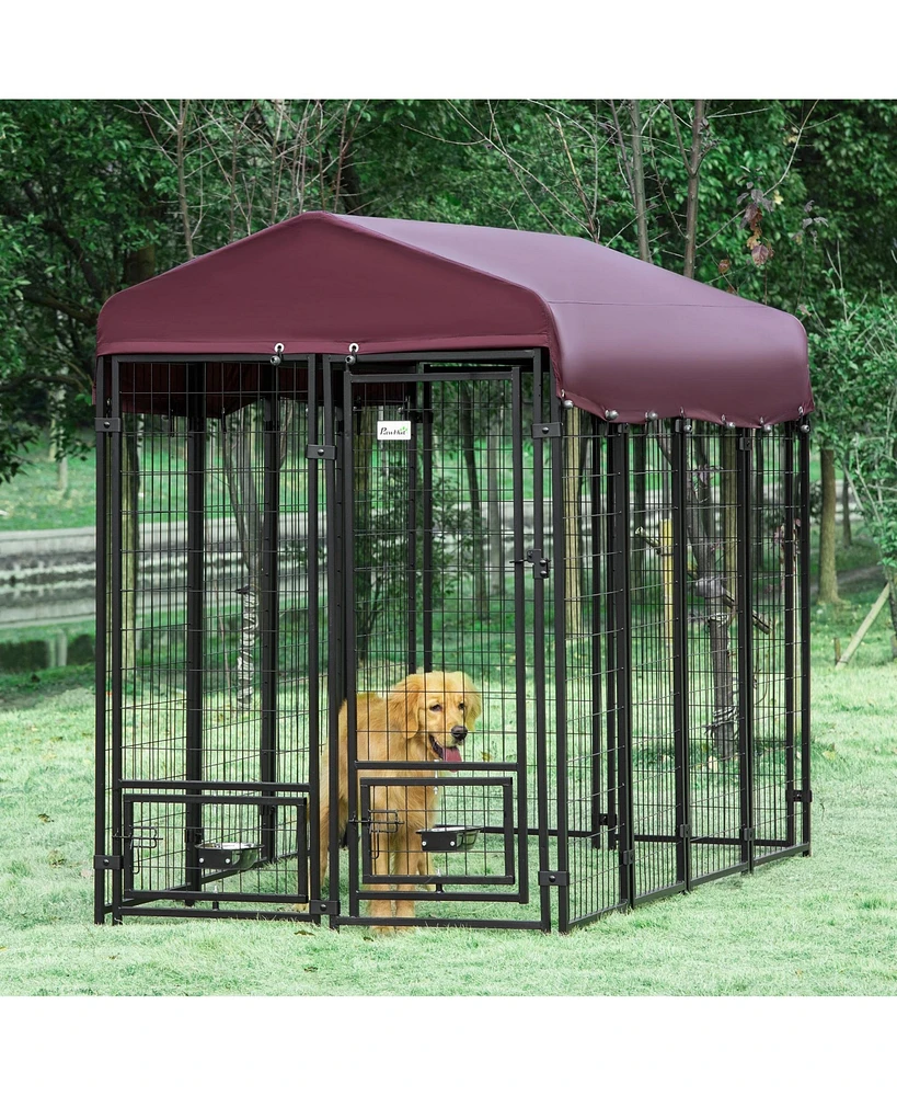 Simplie Fun Spacious Outdoor Dog Kennel with Roof, Walk-in Door, and Rotatable Bowls