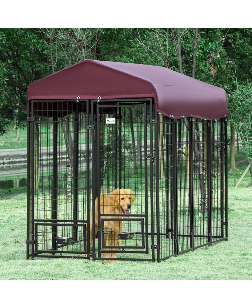 Streamdale Furniture Spacious Outdoor Dog Kennel with Roof, Walk-in Door, and Rotatable Bowls