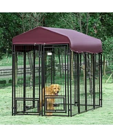 Simplie Fun Spacious Outdoor Dog Kennel with Roof, Walk-in Door, and Rotatable Bowls