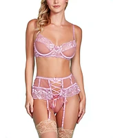 Hauty Women's 3 Pc Lingerie Set Patterned Lace Trimmed Garter Skirt and Bra with Pink down Ribbon