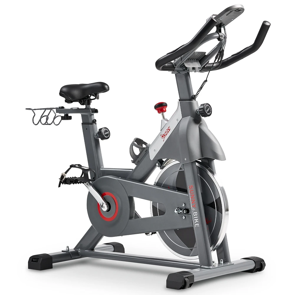 Sunny Health & Fitness Smart Indoor Cycling Magnetic Resistance Exercise Bike, Cardio Workout for Home, Pulse Sensor, with Dumbbell Holder, Bluetooth