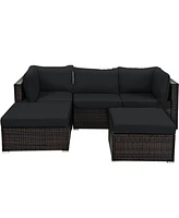5PCS Patio Rattan Furniture Set Sectional Conversation Set Ottoman Table