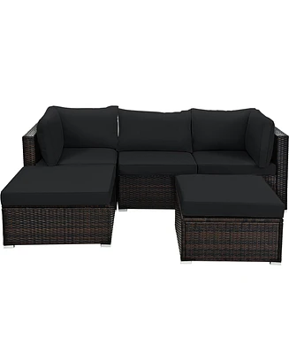 Costway 5PCS Patio Rattan Furniture Set Sectional Conversation Set Ottoman Table