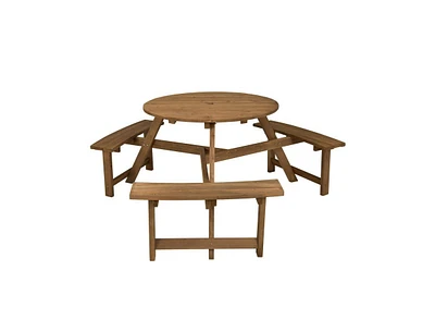Slickblue 6-person Round Wooden Picnic Table with Umbrella Hole and 3 Built-in Benches-Dark Brown