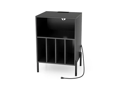 Slickblue Record Player Stand with Record Storage Shelf and Charging Station-Black