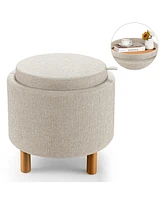 Slickblue Round Fabric Storage Ottoman with Tray and Non-Slip Pads for Bedroom