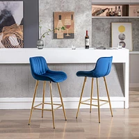 Set Of 2 Bar Stools, With Steel Frame Footrest Velvet Fabric Golden Leg Simple Bar Stool, Blue