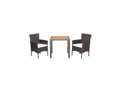 Slickblue 3 Pieces Patio Wicker Furniture Set wih Acacia Wood Table Top and Chair Cushiones