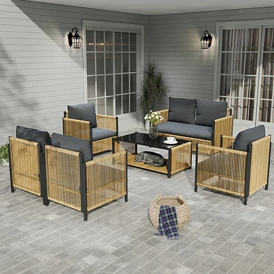 Patio 6 Pieces Brown Pe Wicker Sofa Set with Grey Cushion