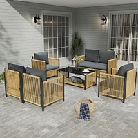 Patio 6 Pieces Brown Pe Wicker Sofa Set with Grey Cushion