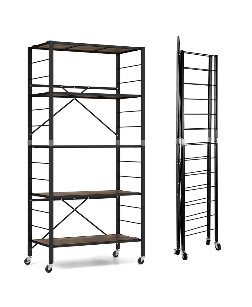 Slickblue 5-Tier Foldable Shelving Unit with Detachable Wheels and Anti-Toppling System