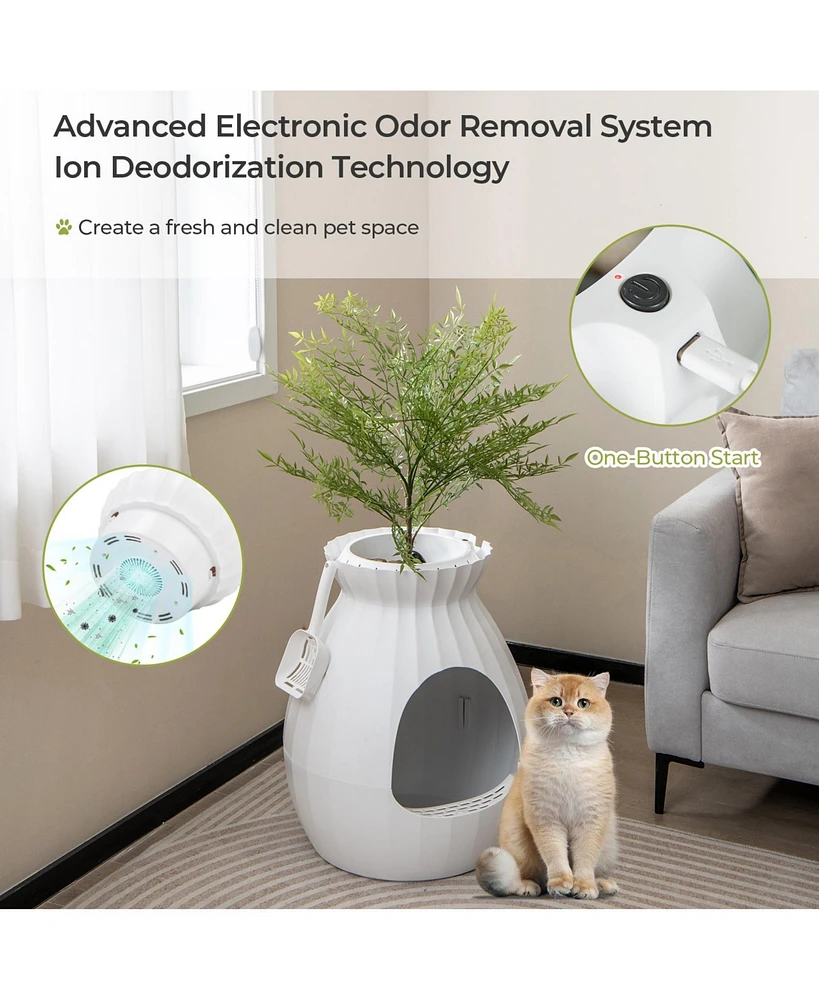 Slickblue Smart Plant Cat Litter Box with Electronic Odor Removal and Sterilization- White