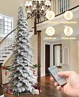 Glitzhome 15ft Pre Lit Flocked Pencil Spruce Artificial Christmas Tree with 1400 Warm White Lights, Simple Setup