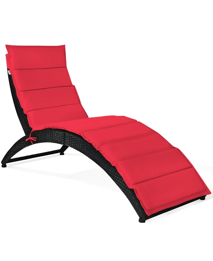 Gymax Foldable Rattan Wicker Chaise Lounge Chair w/ Red Cushion Patio Outdoor