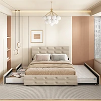 Streamdale Furniture Queen Size Upholstered Platform Bed with Twin Trundle and 2 Storage Drawers Underneath, Linen Fabric with Wood Slat, for Bedroom,