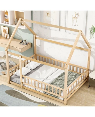 Simplie Fun Full Size Floor Wooden Bed with House Roof Frame, Fence Guardrails, Natural