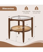 Slickblue Rattan Round Side End Table with Tempered Glass Tabletop