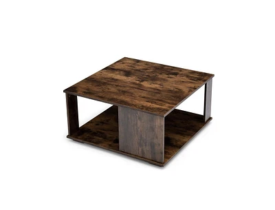 Slickblue 2 Tiers Square Coffee Table with Storage and Non-Slip Foot Pads-Rustic Brown