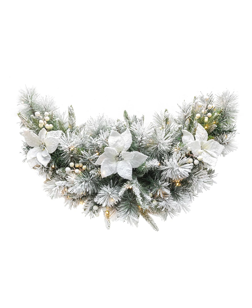 Glitzhome 3ft Pre Lit Flocked Greenery Pine White Poinsettia and Berries Christmas Swag with 50 Warm White Lights and Timer, Three Function