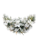 Glitzhome 3ft Pre Lit Flocked Greenery Pine White Poinsettia and Berries Christmas Swag with 50 Warm White Lights and Timer, Three Function