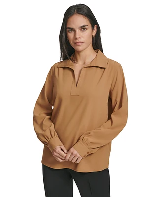 Calvin Klein Women's Long Sleeve V-Neck Collared Blouse