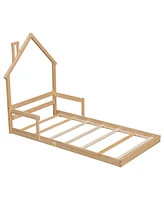 Simplie Fun Twin House-Shaped Headboard Floor Bed With Handrails, Slats