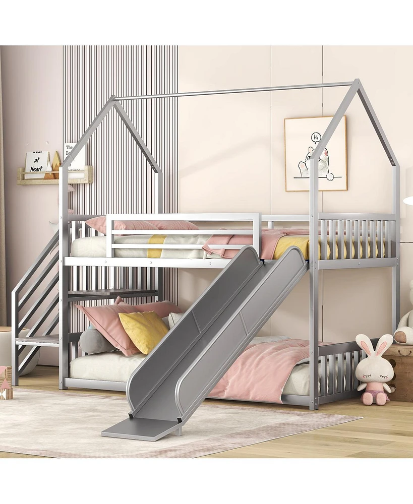 Simplie Fun Twin Over Twin Metal Bunk Bed House Bed With Slide And Staircase, Silver