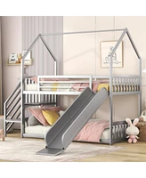 Simplie Fun Twin Over Twin Metal Bunk Bed House Bed With Slide And Staircase, Silver