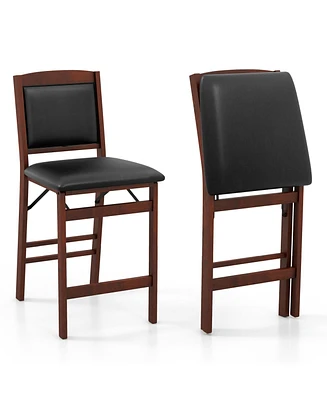 Slickblue Set of 2 Folding Kitchen Island Stool with Rubber Wood Legs-Brown