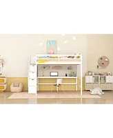 Simplie Fun Full Size Loft Bed With Built-In Desk, Bookshelves And Storage Staircase, White