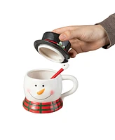 Glitzhome Set of 2 Christmas Ceramic Santa Snowman Mug with Lid and Spoon