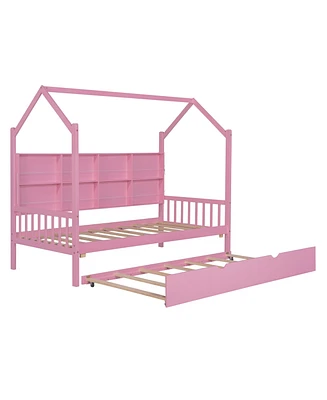 Simplie Fun Wooden Twin Size House Bed With Trundle, Kids Bed With Shelf