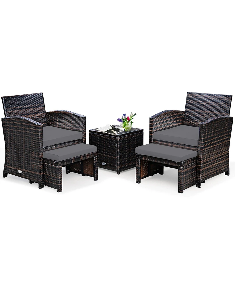 Gymax 5PCS Rattan Patio Furniture Set Chair & Ottoman Set w/ Cushions