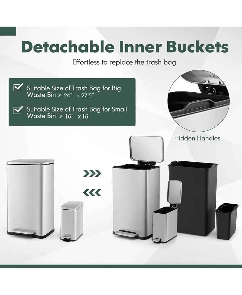 Slickblue 10.5 Gal and 1.6 Gal Step Trash Can Combo Set with Detachable Inner Buckets-Silver