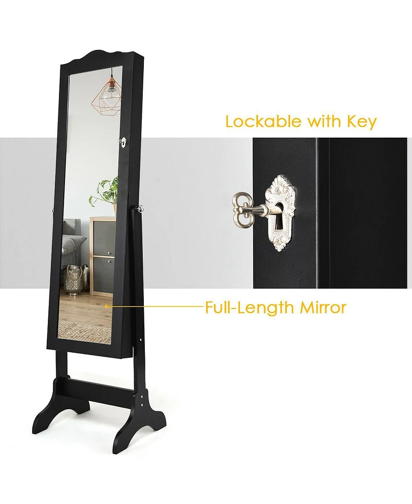 Slickblue Mirrored Lockable Jewelry Cabinet Armoire Organizer Storage Box-Black