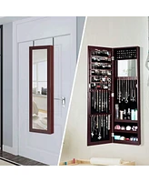 Sugift Full Length Mirror Jewelry Cabinet with Ring Slots and Necklace Hooks-Brown