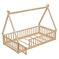 Twin Tentshaped Floor Bed, With Guardrails, Slats, Door, Natural