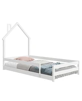 Simplie Fun Twin Size Wood Bed With Houseshaped Headboard Floor Bed With Fences, White