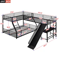 L-Shaped Twin Over Full Bunk Bed With Twin Size Loft Bed, Built-In Desk And Slide