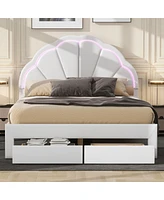 Simplie Fun Full Size Upholstered Platform Bed With Seashell Shaped Headboard, Led And 2 Drawers