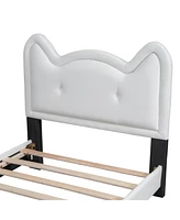 Twin Size Upholstered Platform Bed With Carton Ears Shaped Headboard