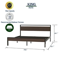 Simplie Fun Ceres Metal Bed, Black with Walnut wood Headboard&Footboard, King