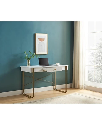 Simplie Fun Zen-Inspired Writing Desk with Drawer, Usb & Outlet Port - White & Gold