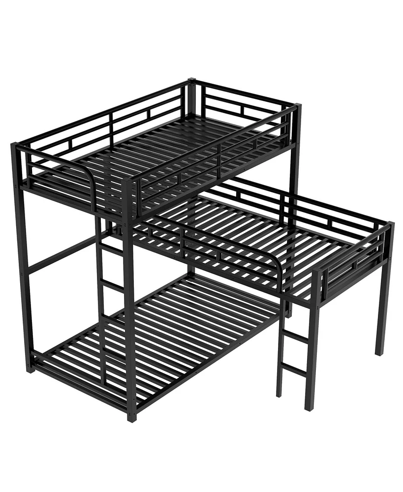 Simplie Fun L-Shaped Metal Triple Twin Size Bunk Bed